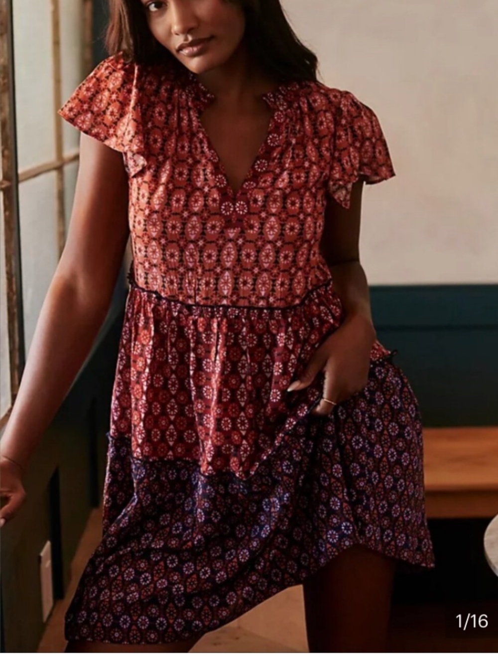 Anthropologie Penrose Tiered Tunic Dress XS Boho Floral Rust Red Flutter Sleeve